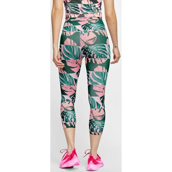 128 Nike Women's Fast Crop Running Tights Green Pink Sz Medium - Picture 2 of 6